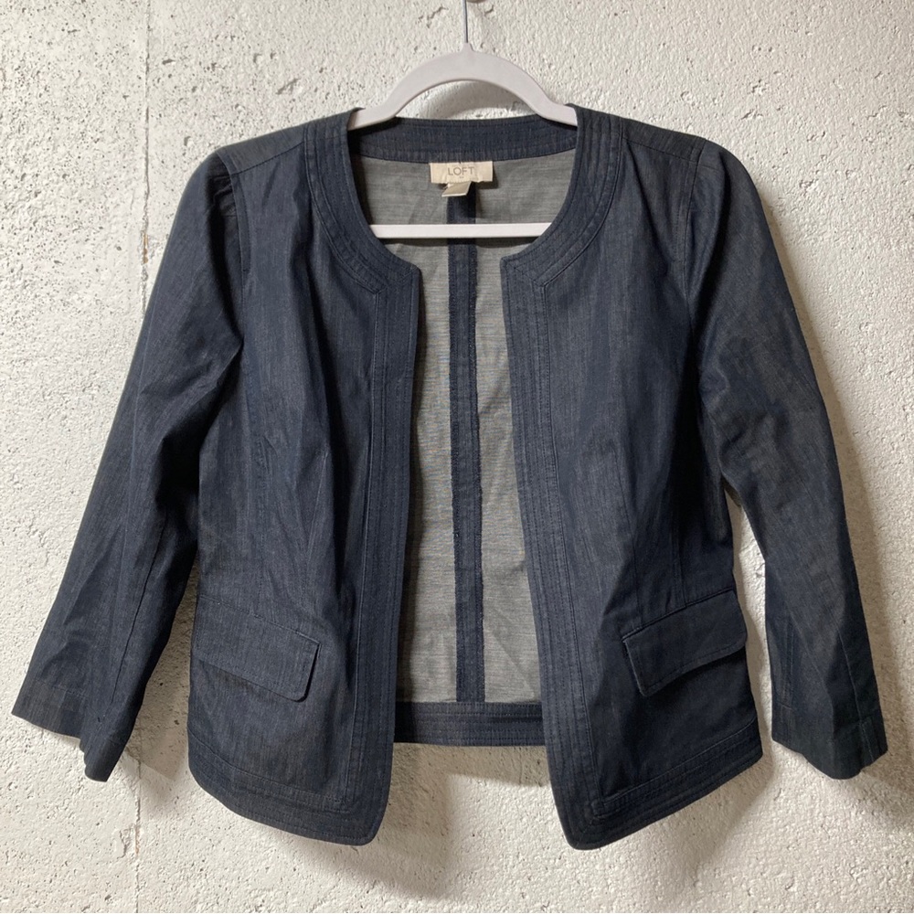 Loft Blazer Jacket Denim Jean Dark Blue 3/4 Sleeve Pockets Lightweight XS